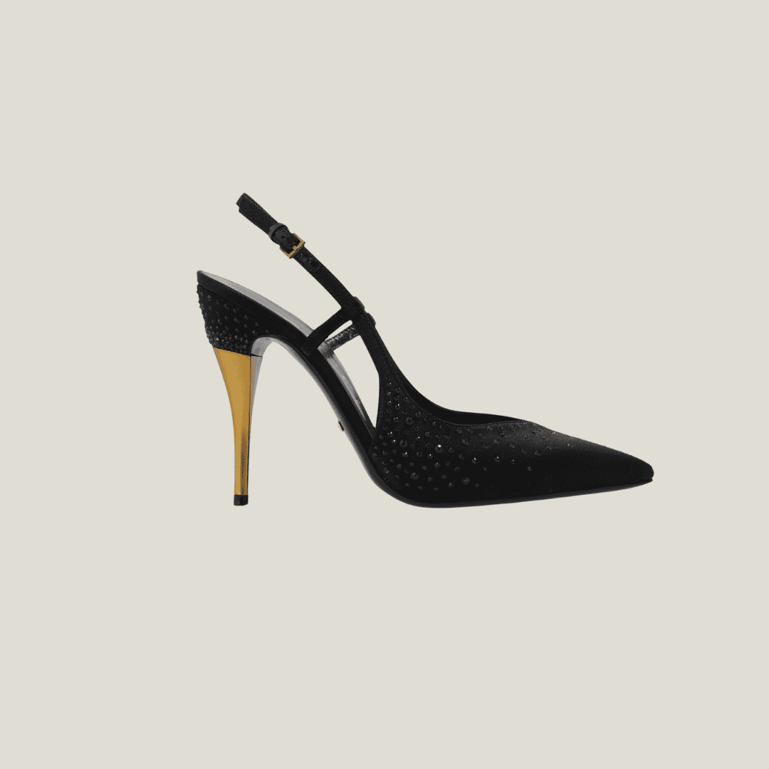 gucci-satin-black-heel-front كعب غوتشي ساتان أسود من الأمام بكريستالات وكعب ذهبي