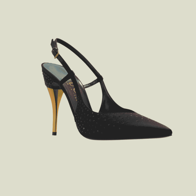 حذاء غوتشي ساتان أسود من الجانب مع كعب ذهبي