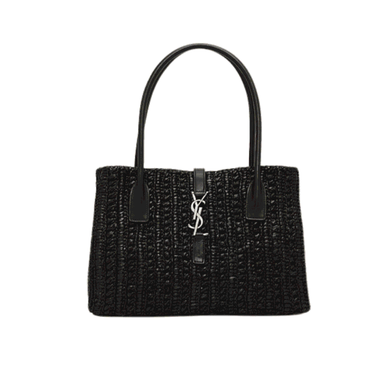 شنطة سان لوران رافيا سوداء من الأمام بتفاصيل جلد الطبيعي الإيطالي