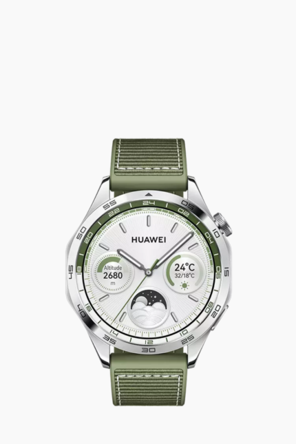 ساعة هواوي Watch GT4 باللون الأخضر العسكري الفاتح مع إطار فولاذي.
